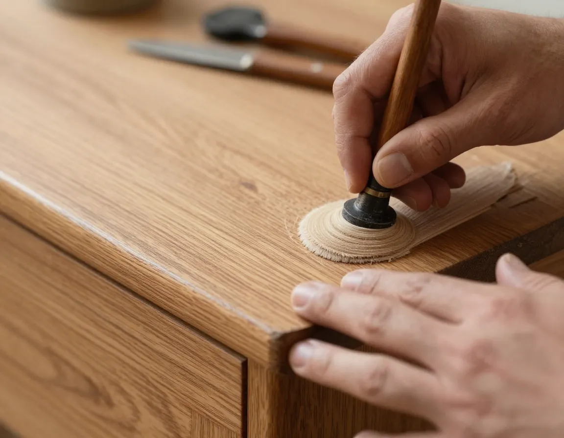 Skilled hands working on furniture restoration